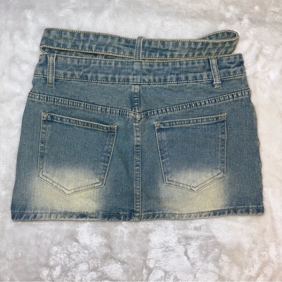 EGO Strappy Waist Belted Studded Mini Skirt In Blue Vintage Washed Denim Size 4 - Picture 9 of 11